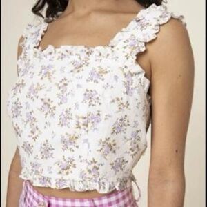 FRNCH White Crop Top with Lavender Floral Ruffle Straps